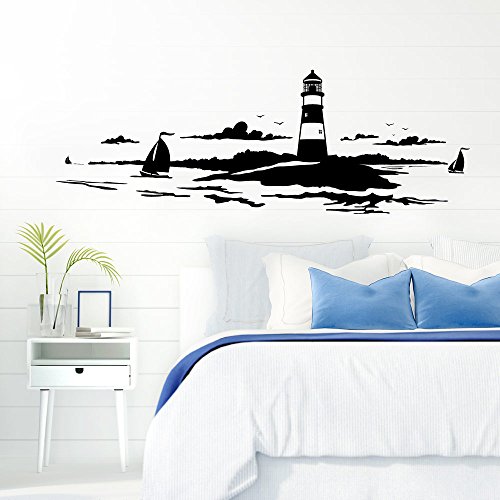 Grandora Skyline Küstenlandschaft Leuchtturm I schwarz 120 x 42 cm I Bad Wohnzimmer Schlafzimmer Aufkleber Wandaufkleber Wandsticker Modern W974 von Grandora