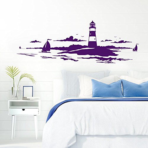 Grandora Skyline Küstenlandschaft Leuchtturm I violett 167 x 58 cm I Bad Wohnzimmer Schlafzimmer Aufkleber Wandaufkleber Wandsticker Modern W974 von Grandora