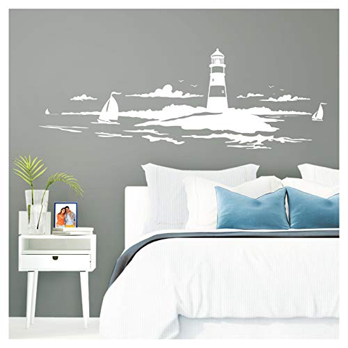 Grandora Skyline Küstenlandschaft Leuchtturm I weiß 167 x 58 cm I Bad Wohnzimmer Schlafzimmer Aufkleber Wandaufkleber Wandsticker Modern W974 von Grandora