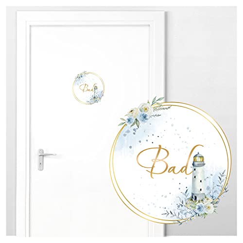 Grandora Türaufkleber Bad mit Leuchtturm und Rosen I 19 x 20 cm (BxH) I Wandsticker selbstklebend WC Wandaufkleber Toilette Wandtattoo Badezimmer Aufkleber DL741 von Grandora