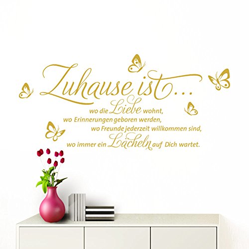 Grandora Wandtattoo Zuhause ist I Gold (BxH) 80 x 42 cm I Schmetterlinge Wohnzimmer Spruch Aufkleber selbstklebend Wandaufkleber Wandsticker W1133 von Grandora