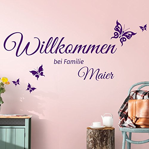 Grandora W5454 Wandtattoo Wandsticker Willkommen bei Familie + Wunschname und Schmetterlinge Flur Tür kupfer (BxH) 100 x 52 cm von Grandora