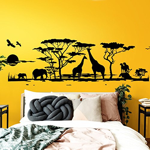 Grandora Wandtattoo Afrika Savanne Tiere I schwarz (BxH) 190 x 58 cm I Elefant Giraffe Wohnzimmer Schlafzimmer Sticker Aufkleber Wandaufkleber Wandsticker W683 von Grandora