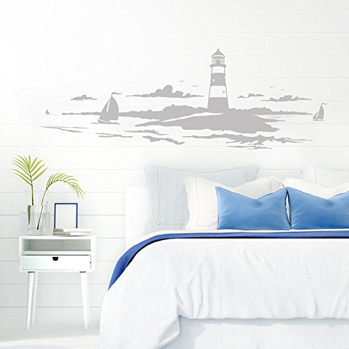 Grandora Skyline Küstenlandschaft Leuchtturm I hellgrau 90 x 30 cm I Bad Wohnzimmer Schlafzimmer Aufkleber Wandaufkleber Wandsticker Modern W974 von Grandora