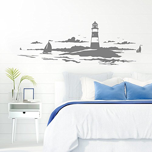 Grandora Skyline Küstenlandschaft Leuchtturm I Mittelgrau 90 x 30 cm I Bad Wohnzimmer Schlafzimmer Aufkleber Wandaufkleber Wandsticker Modern W974 von Grandora