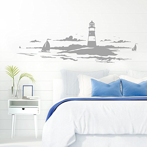 Grandora Skyline Küstenlandschaft Leuchtturm I Silbergrau 167 x 58 cm I Bad Wohnzimmer Schlafzimmer Aufkleber Wandaufkleber Wandsticker Modern W974 von Grandora