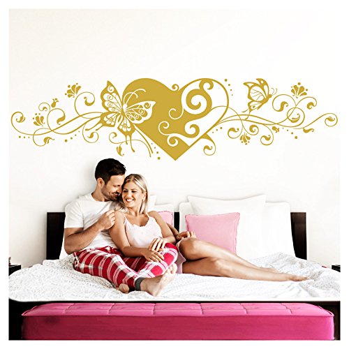 Grandora Wandtattoo Blumenranke Herz selbstklebend I Gold 116 x 29 cm I Schlafzimmer Liebe Love Schmetterlinge Wandtatoo Wandaufkleber Wandsticker W642 von Grandora