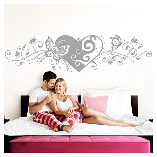 Grandora Wandtattoo Blumenranke Herz selbstklebend I Silbergrau 150 x 38 cm I Schlafzimmer Liebe Love Schmetterlinge Wandtatoo Wandaufkleber Wandsticker W642 von Grandora