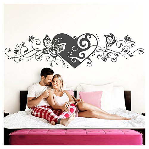 Grandora Wandtattoo Blumenranke Herz selbstklebend I dunkelgrau 116 x 29 cm I Schlafzimmer Liebe Love Schmetterlinge Wandtatoo Wandaufkleber Wandsticker W642 von Grandora