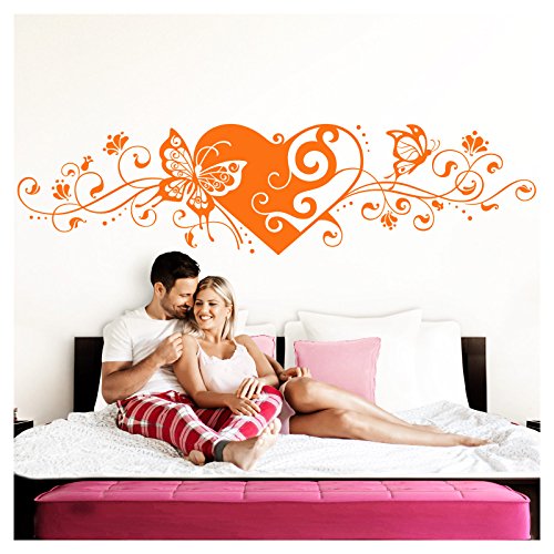 Grandora Wandtattoo Blumenranke Herz selbstklebend I orange 150 x 38 cm I Schlafzimmer Liebe Love Schmetterlinge Wandtatoo Wandaufkleber Wandsticker W642 von Grandora