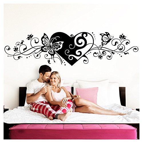 Grandora Wandtattoo Blumenranke Herz selbstklebend I schwarz 190 x 48 cm I Schlafzimmer Liebe Love Schmetterlinge Wandtatoo Wandaufkleber Wandsticker W642 von Grandora