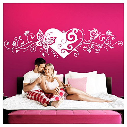 Grandora Wandtattoo Blumenranke Herz selbstklebend I weiß 190 x 48 cm I Schlafzimmer Liebe Love Schmetterlinge Wandtatoo Wandaufkleber Wandsticker W642 von Grandora