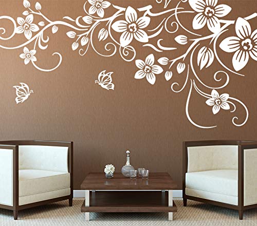 Grandora Wandtattoo Blumenranke mit Schmetterlingen I schwarz (BxH) 170 x 84 cm I Hibiskusblüten Wohnzimmer Sticker Aufkleber Wandaufkleber Wandsticker W3054 von Grandora