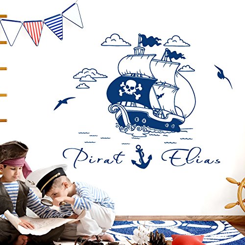 Grandora Wandtattoo Piratenschiff Anker + Wunschname I cremeweiß (BxH) 117 x 72 cm I Schiff Kinderzimmer Sticker Aufkleber Wandsticker Wandaufkleber Pirat W5505 von Grandora