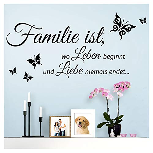 Grandora Wandtattoo Spruch Familie ist, wo Leben beginnt und Liebe Niemals endet... I Silbergrau (BxH) 80 x 40 cm I Wohnen Schmetterling Wandsticker W5548 von Grandora