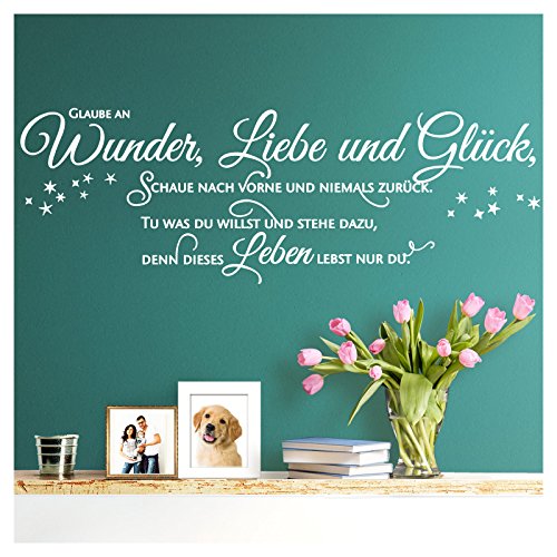 Grandora Wandtattoo Spruch Glaube an Wunder Liebe und Glück I weiß (BxH) 130 x 41 cm I Wohnzimmer Flur Sticker Aufkleber Wandsticker Wandaufkleber W5393 von Grandora