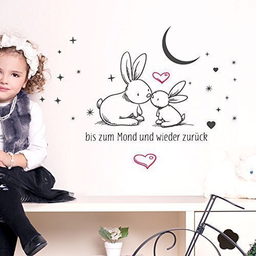 Grandora Wandtattoo Spruch bis zum Mond und Wieder zurück + Hasen I schwarz (BxH) 36 x 34 cm I Kinderzimmer Sticker Aufkleber Wandaufkleber Wandsticker W5469 von Grandora