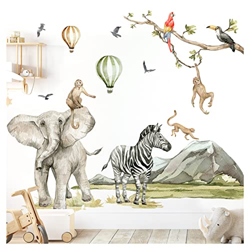 Grandora Wandtattoo Wandsticker Kinderzimmer Safaritiere Affen Wandaufkleber Wanddeko Zebra Sticker Babyzimmer Elefant Spielzimmer Wandbild Kinder Aufkleber DL766-2 von Grandora