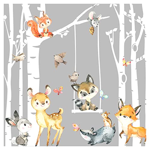 Grandora Wandtattoo Wandsticker Kinderzimmer Tiere Wald Birkenstämme Wandaufkleber Wanddeko Sticker Babyzimmer Spielzimmer Wandbild Kinder Jungs Aufkleber DL760 von Grandora