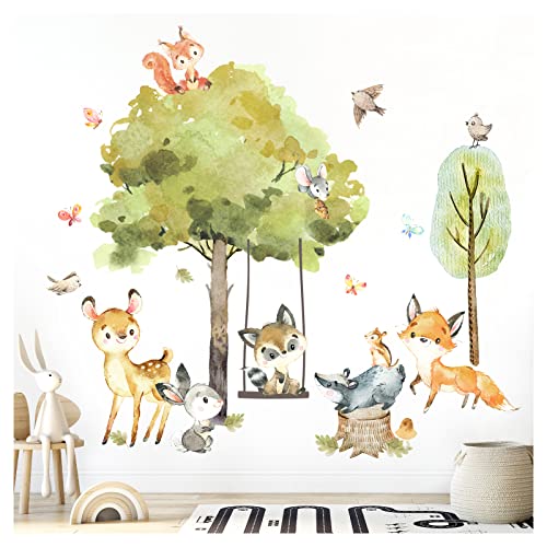 Grandora Wandtattoo Wandsticker Kinderzimmer Waldtiere Bäume Wandaufkleber Wanddeko Fuchs Sticker Babyzimmer REH Spielzimmer Hase Wandbild Kinder Aufkleber DL762-2 von Grandora