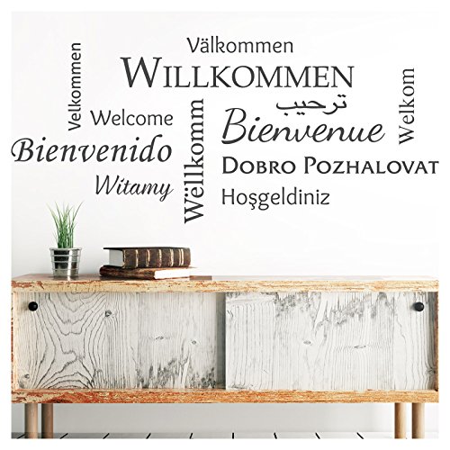 Grandora Wandtattoo Willkommen I dunkelgrau (BxH) 110 x 48 cm I Sprachen international Flur Diele Wohnzimmer Sticker Aufkleber Wandaufkleber Wandsticker W5092 von Grandora