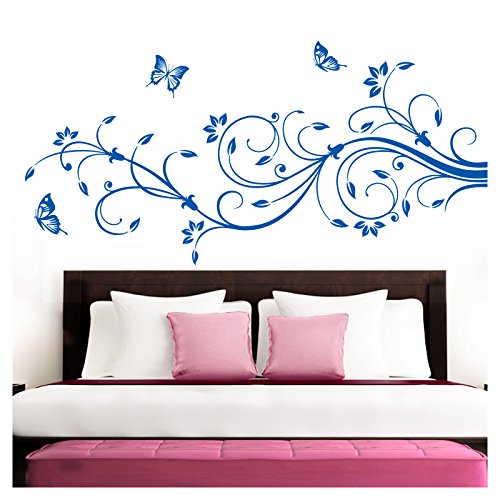 Grandora Wandtattoo XXL Blumenranken Schmetterlinge Blumen I azurblau (BxH) 90 x 39 cm I Schlafzimmer Liebe Flur Wohnzimmer modern Aufkleber Wandaufkleber W1073 von Grandora