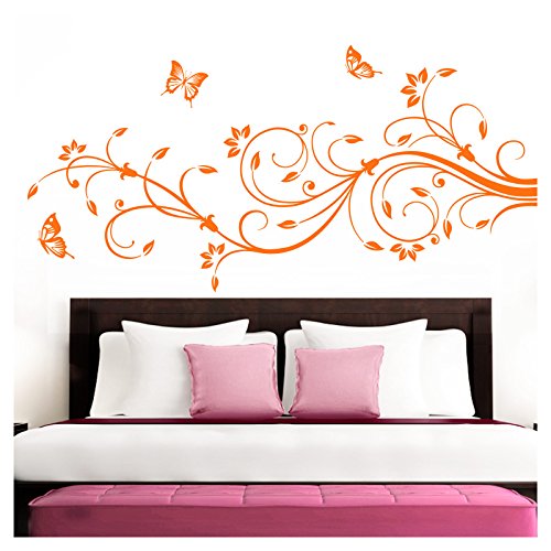 Grandora Wandtattoo XXL Blumenranken Schmetterlinge Blumen I orange (BxH) 210 x 81 cm I Schlafzimmer Liebe Flur Wohnzimmer modern Aufkleber Wandaufkleber W1073 von Grandora