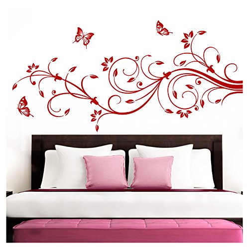 Grandora Wandtattoo XXL Blumenranken Schmetterlinge Blumen I rot (BxH) 90 x 39 cm I Schlafzimmer Liebe Flur Wohnzimmer modern Aufkleber Wandaufkleber W1073 von Grandora