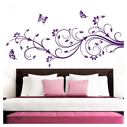 Grandora Wandtattoo XXL Blumenranken Schmetterlinge Blumen I violett (BxH) 160 x 69 cm I Schlafzimmer Liebe Flur Wohnzimmer modern Aufkleber Wandaufkleber W1073 von Grandora