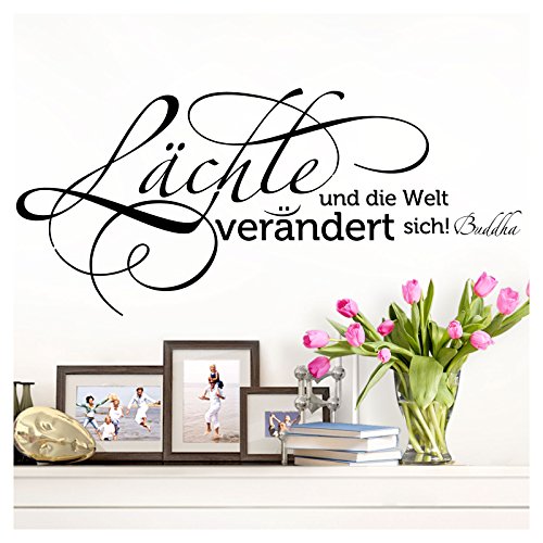 Grandora Wandtattoo Zitat Buddha Lächle und die Welt verändert Sich I Gold (BxH) 80 x 36 cm I Wohnzimmer Flur Aufkleber Wandaufkleber Wandsticker W994 von Grandora