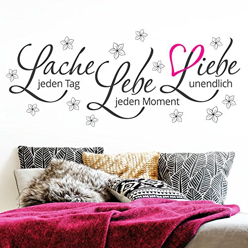 Grandora Wandtattoo Zitat Lebe Lache Liebe + Blumen & Herz pink I dunkelblau (BxH) 110 x 46 cm I Wohnzimmer Sticker Aufkleber Wandaufkleber Wandsticker W5122 von Grandora