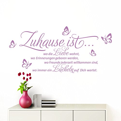 Grandora Wandtattoo Zuhause ist I Flieder (BxH) 80 x 42 cm I Schmetterlinge Wohnzimmer Spruch Aufkleber selbstklebend Wandaufkleber Wandsticker W1133 von Grandora