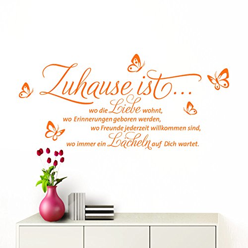 Grandora Wandtattoo Zuhause ist I orange (BxH) 100 x 53 cm I Schmetterlinge Wohnzimmer Spruch Aufkleber selbstklebend Wandaufkleber Wandsticker W1133 von Grandora