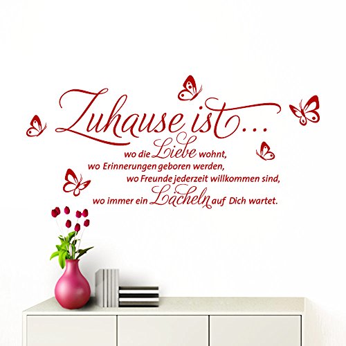 Grandora Wandtattoo Zuhause ist I rot (BxH) 80 x 42 cm I Schmetterlinge Wohnzimmer Spruch Aufkleber selbstklebend Wandaufkleber Wandsticker W1133 von Grandora