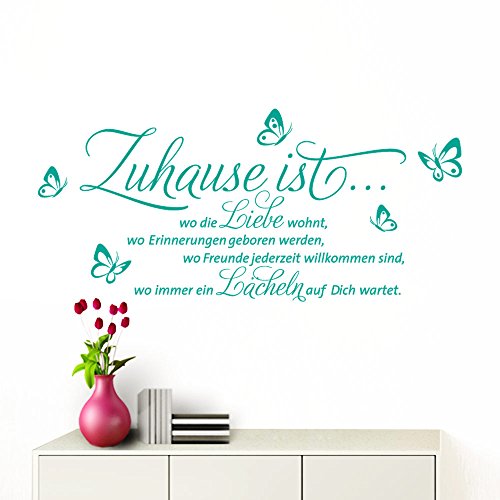 Grandora Wandtattoo Zuhause ist I türkis (BxH) 100 x 53 cm I Schmetterlinge Wohnzimmer Spruch Aufkleber selbstklebend Wandaufkleber Wandsticker W1133 von Grandora