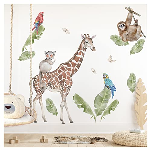 Grandora XXL Wandtattoo Dschungel Tiere Giraffe Wandsticker Safari Blätter Kinderzimmer Baby Wanddeko DL815-4 von Grandora
