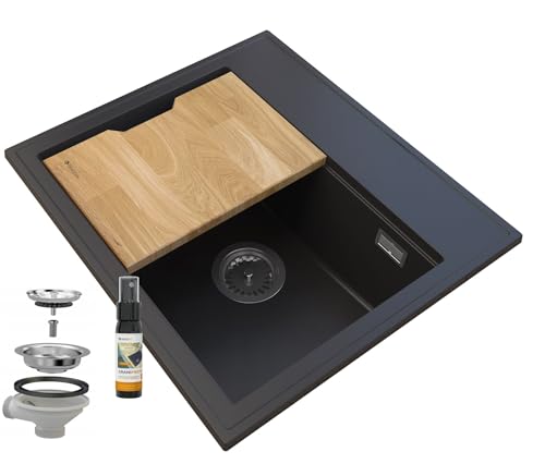 GRANITAN Foxal Küchenspüle, Granit Unterbauspüle - Siphon, hochwertige Spüle, Granitspüle mit manuellem Siphon, komplettes Küchenset - Spülenabdichtung, passendes Küchenbrett aus Holz GRANITAN Foxal Küchenspüle, Granit Unterbauspüle - Siphon, hochwertige Spüle, Granitspüle mit manuellem Siphon, komplettes Küchenset - Spülenabdichtung, passendes Küchenbrett aus Holz von Granitan