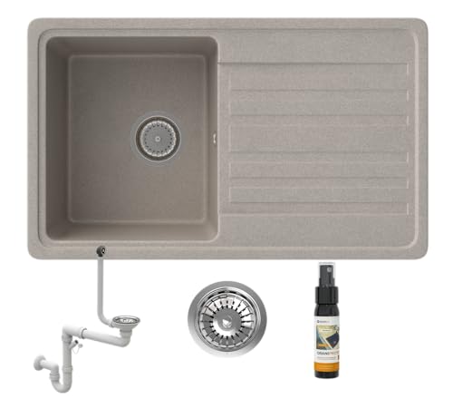 GRANITAN Granitspüle Lemon 45,8 x 75,5 cm, Einbeckenspüle mit Abtropffläche, Granitspüle elegantes Set mit manuellem Siphon und Granitabdichtung, langlebige Granitspüle von Granitan