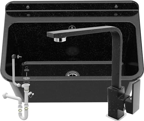 Granitan Ausgussbecken für Garage Keller Werkstatt - Universal Waschtrog mit Siphon und Waschtischbatterie - Waschbecken Wandmontage aus Polypropylen - 61x41x30 cm von Granitan