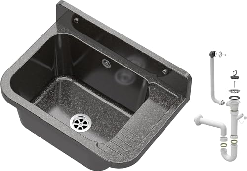Granitan Ausgussbecken für Garage Keller Werkstatt und Waschküche - Universal Waschtrog Set mit Siphon - Waschbecken mit Abtropfschale Wandmontage aus Polypropylen - 50x34x31 cm - Schwarz - Figo Granitan Ausgussbecken für Garage Keller Werkstatt und Waschküche - Universal Waschtrog Set mit Siphon - Waschbecken mit Abtropfschale Wandmontage aus Polypropylen - 50x34x31 cm - Schwarz - Figo von Granitan