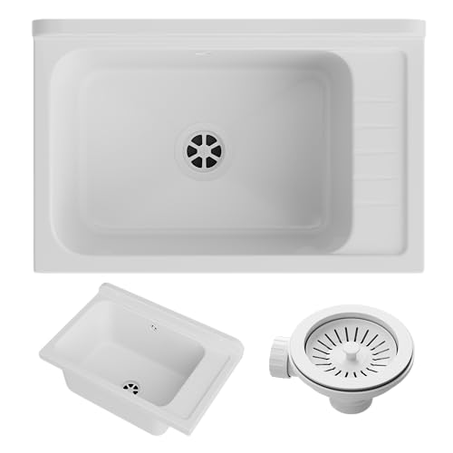 Granitan Ausgussbecken für Garage Keller Werkstatt und Waschküche - Universal Waschtrog mit Siphon - Waschbecken Wandmontage für Innen- und Außenaufstellung - 58x38x26,7 cm - Weiß Granitan Ausgussbecken für Garage Keller Werkstatt und Waschküche - Universal Waschtrog mit Siphon - Waschbecken Wandmontage für Innen- und Außenaufstellung - 58x38x26,7 cm - Weiß von Granitan