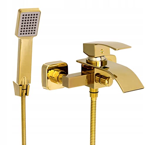 Granitan Badewannenarmatur mit Handbrause - Modisch und Funktionell Wasserhahn Badewanne - Einhand Badewannenarmatur Wasserfall aus Messing - Goldfarben - Elsa von Granitan