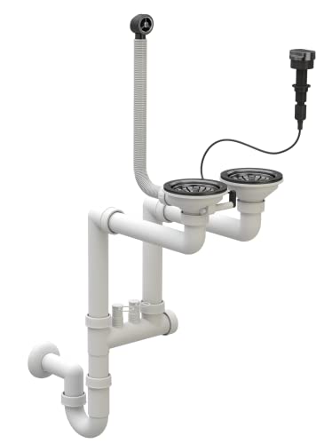 Platzsparendes Küchenspülen Siphon - Küchenspülenablauf - Set mit Anschluss Geschirrspülmaschine - ø 115 mm/3,5 Zoll - Ablaufgarnitur für 2 Becken mit automatischen Stopfen - Schwarz - Granitan von Granitan