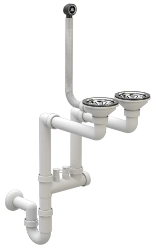 Platzsparendes Küchenspülen Siphon - Küchenspülenablauf - Set mit Anschluss Geschirrspülmaschine - ø 115 mm/3,5 Zoll - Ablaufgarnitur für 2 Becken - Chrom - Klassisch - Granitan von Granitan