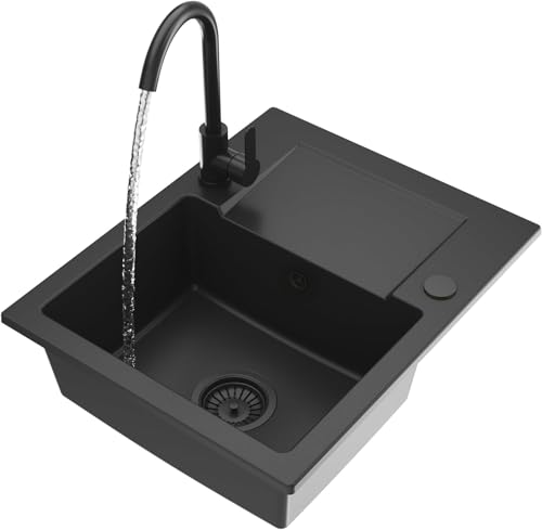 Spülbecken 58,5x47,5 cm mit Siphon - Granitspüle mit Zwei Löchern + Stopfen - Waschbecken für Küche mit Küchenarmatur - Einbauspüle Milos - Schwarz (Groß) - Granitan von Granitan