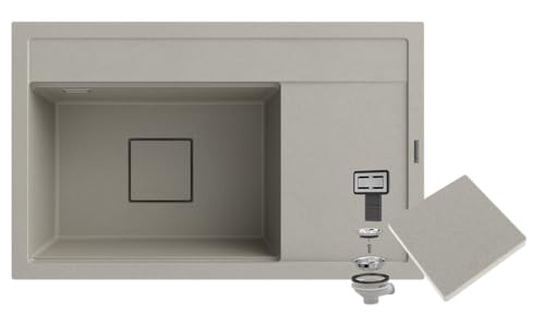 Granitan Spülbecken aus Granit 81x50,5x22 cm - Waschbecken für Küche mit modernem Ablassstopfen - Elegant Granitspüle mit Abtropffläche - Einbauspüle mit Siphon - Beige von Granitan