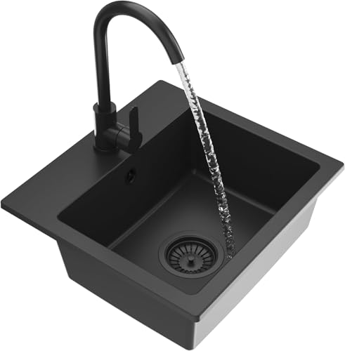 Spülbecken 44,5x41,5 cm mit Siphon - Granitspüle mit Zwei Löchern - Waschbecken für Küche mit Küchenarmatur - Einbauspüle Milos - Tiefschwarz (auch Schwarz Siphon) - Granitan von Granitan