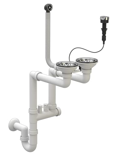 Platzsparendes Siphon Doppelanschluss - Küchenspülenablauf - Set mit Anschluss Geschirrspülmaschine - ø 115 mm/3,5 Zoll - Ablaufgarnitur für 2 Becken mit automatischen Stopfen - Chrom - Granitan Platzsparendes Siphon Doppelanschluss - Küchenspülenablauf - Set mit Anschluss Geschirrspülmaschine - ø 115 mm/3,5 Zoll - Ablaufgarnitur für 2 Becken mit automatischen Stopfen - Chrom - Granitan von Granitan
