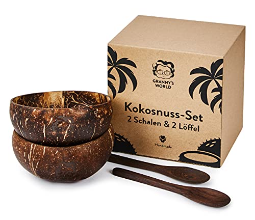 Granny's World® Exclusive Kokosnuss-Schalen 2er Set mit Löffeln | Handgefertigtes 100% Naturprodukt | Holzschale | Coconut Bowls Set | Handgefertigt mit Kokosöl poliert | 12-15cm durchmesser von Granny's World