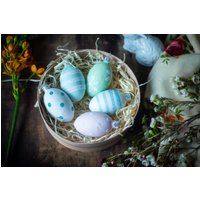 Glas Osterei Ornamente, Handbemalte Hängende Osterbaum Dekor, Polka Dot & Stripe Muster, Frühlingsgeschenk, Eier in Holzkiste von Grannysbox